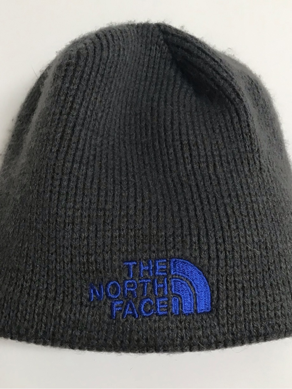 The North Face Beanie Hat Youth/Junior Medium Gray Cobalt Blue Logo Fleece Liner